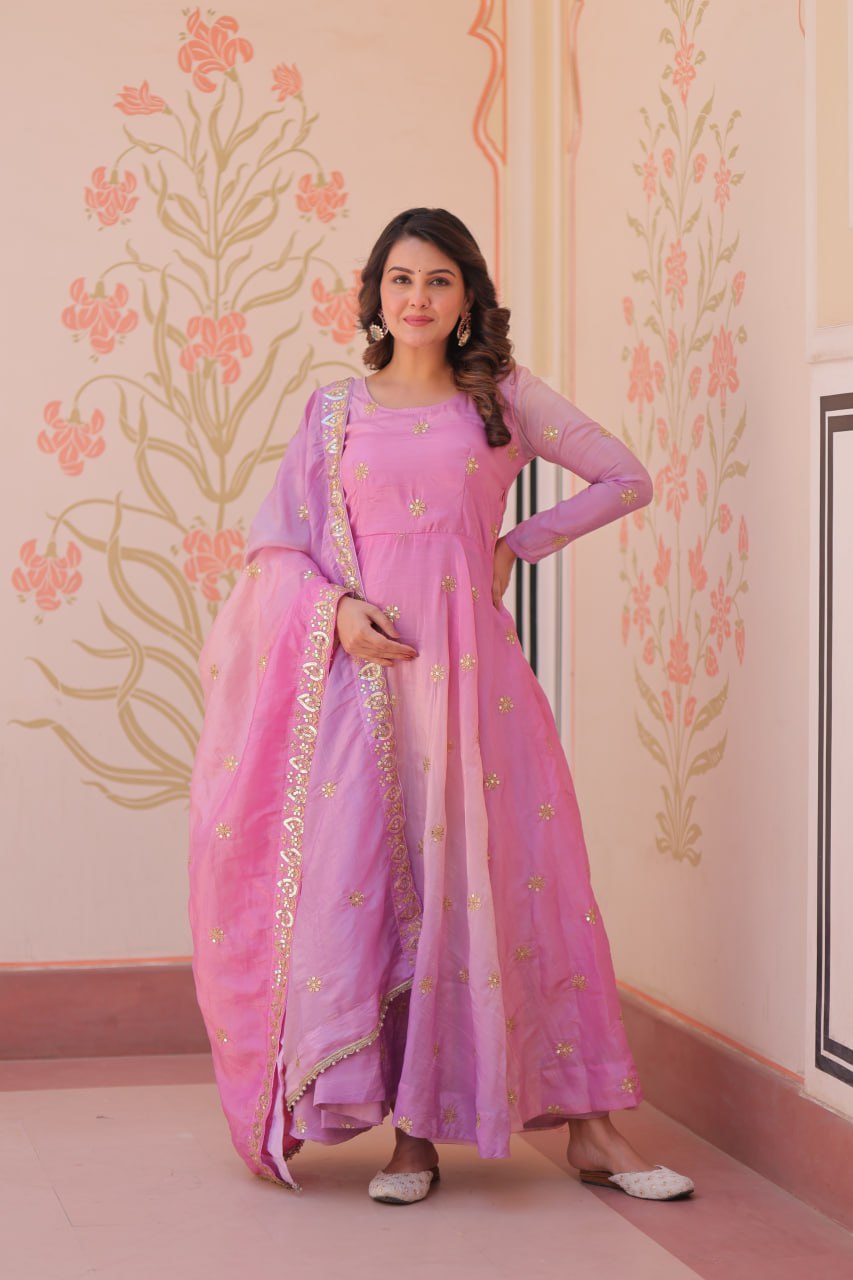 Ziya-e-Gul - Gold Organza with Sequins-Multi Embroidered Work Anarkali gown