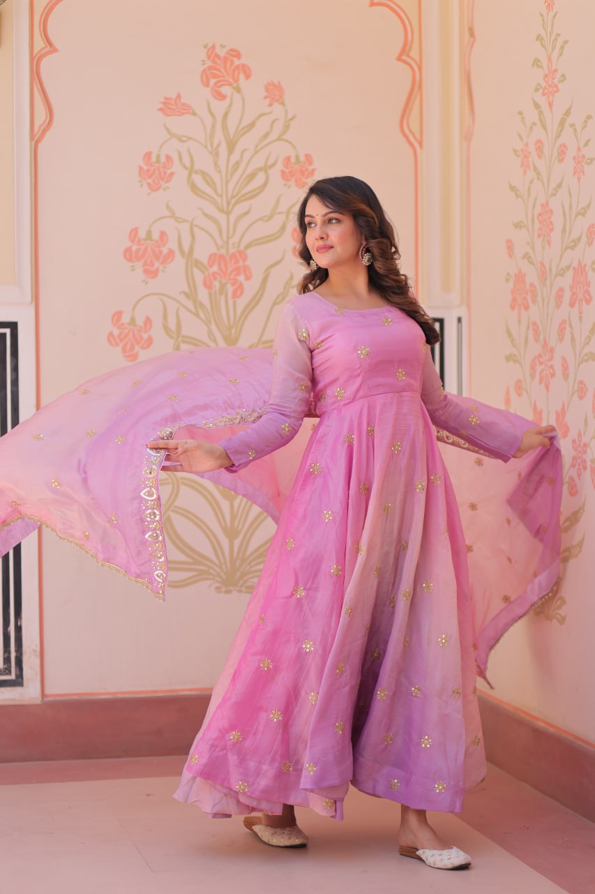 Ziya-e-Gul - Gold Organza with Sequins-Multi Embroidered Work Anarkali gown