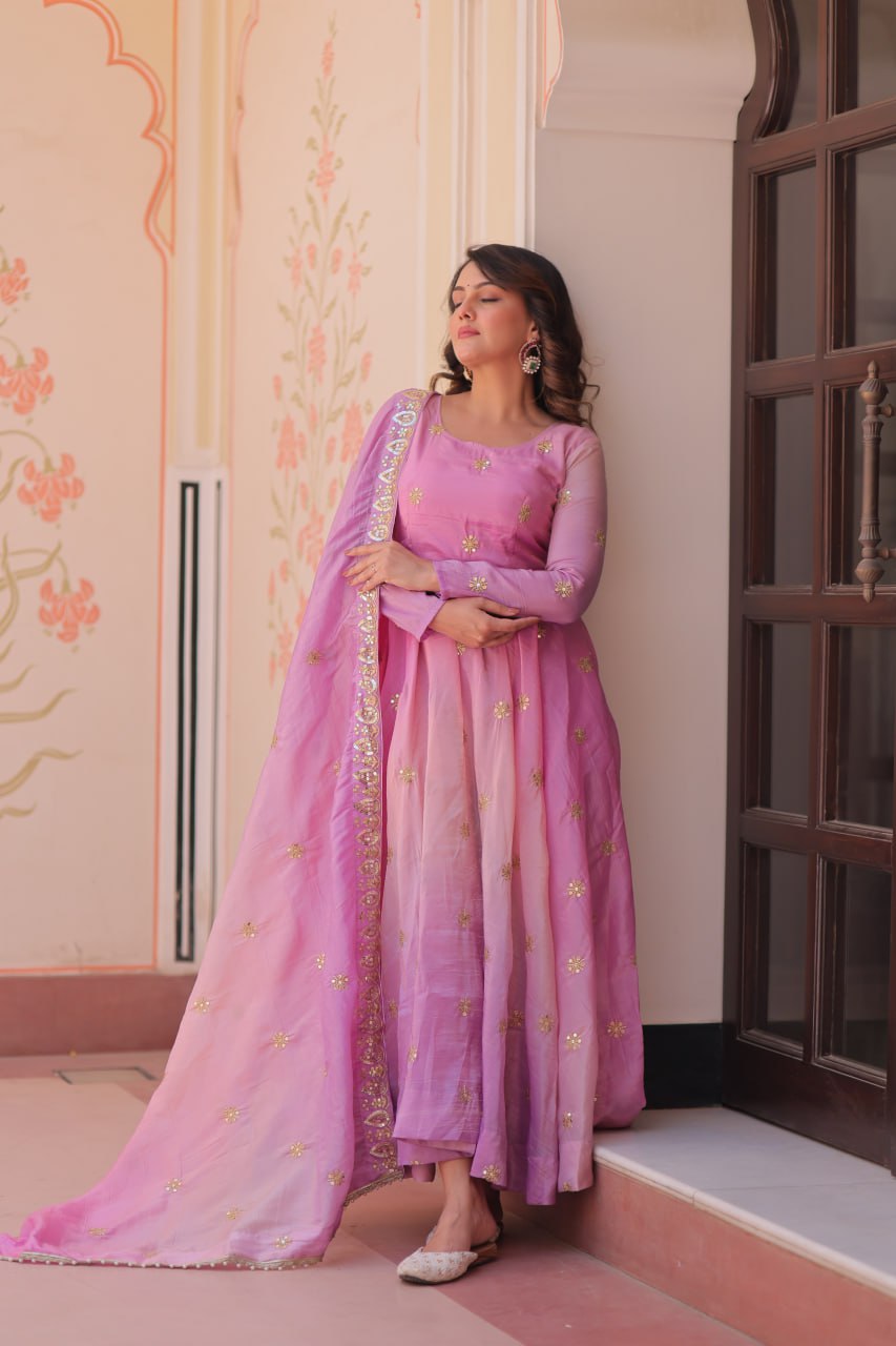 Ziya-e-Gul - Gold Organza with Sequins-Multi Embroidered Work Anarkali gown
