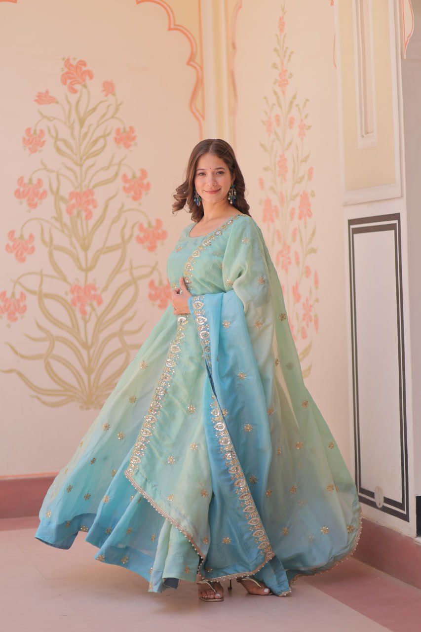 Ziya-e-Gul - Gold Organza with Sequins-Multi Embroidered Work Anarkali gown
