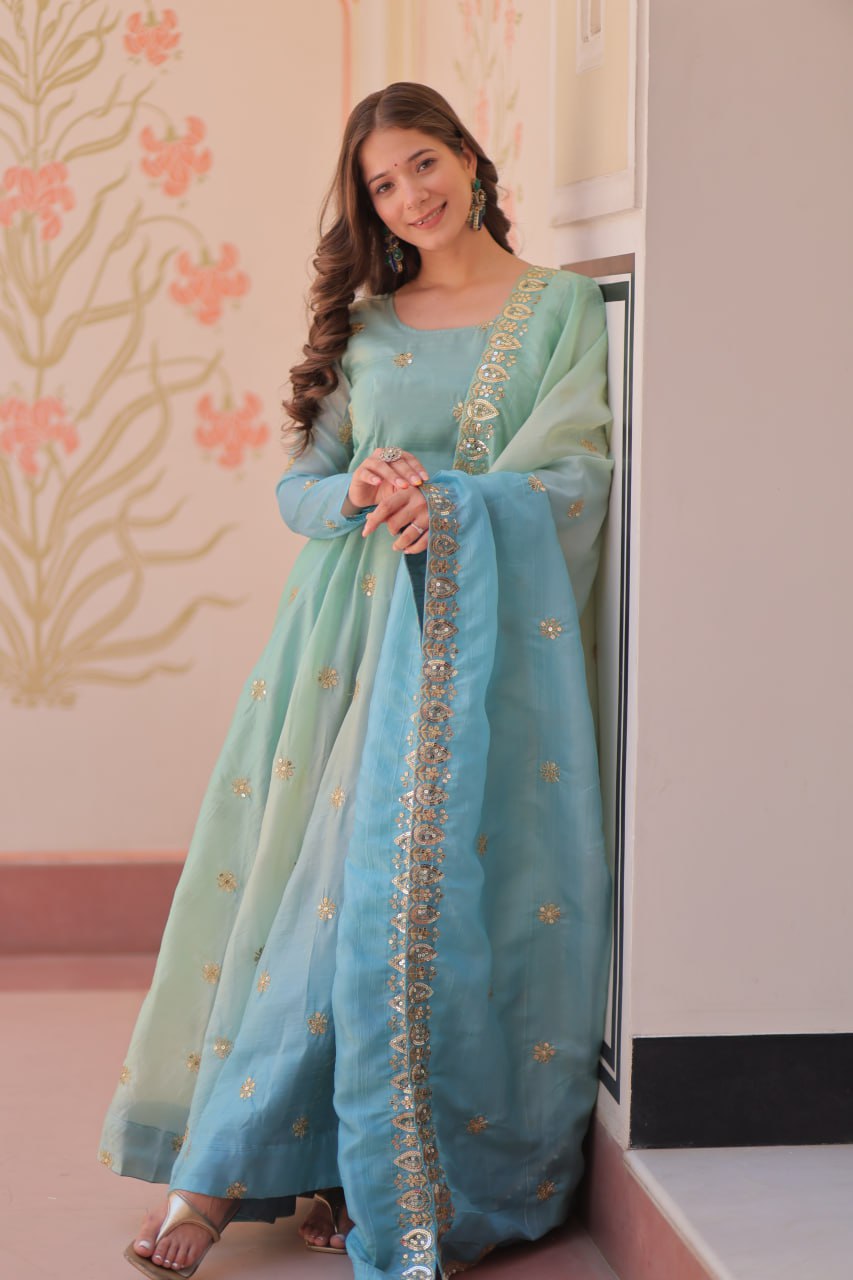 Ziya-e-Gul - Gold Organza with Sequins-Multi Embroidered Work Anarkali gown