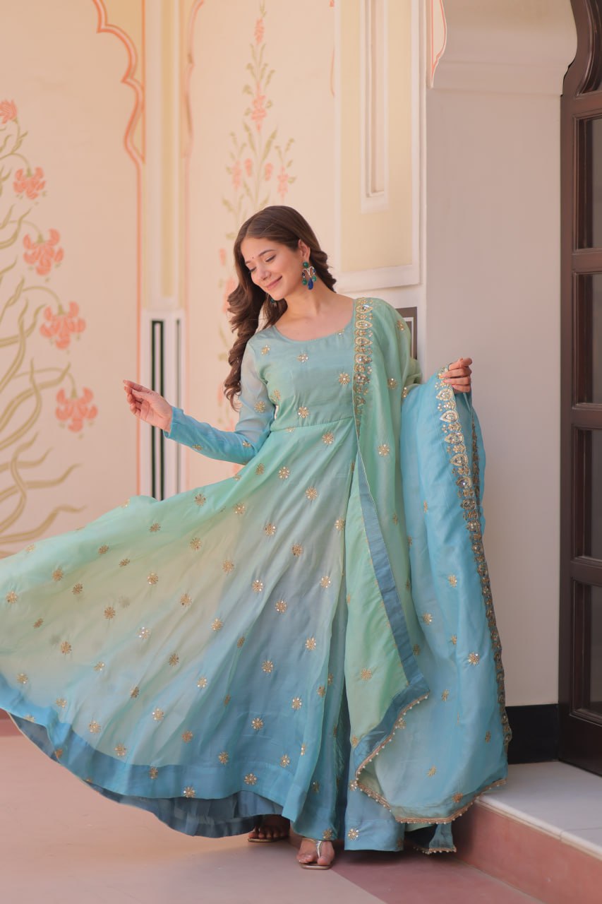 Ziya-e-Gul - Gold Organza with Sequins-Multi Embroidered Work Anarkali gown