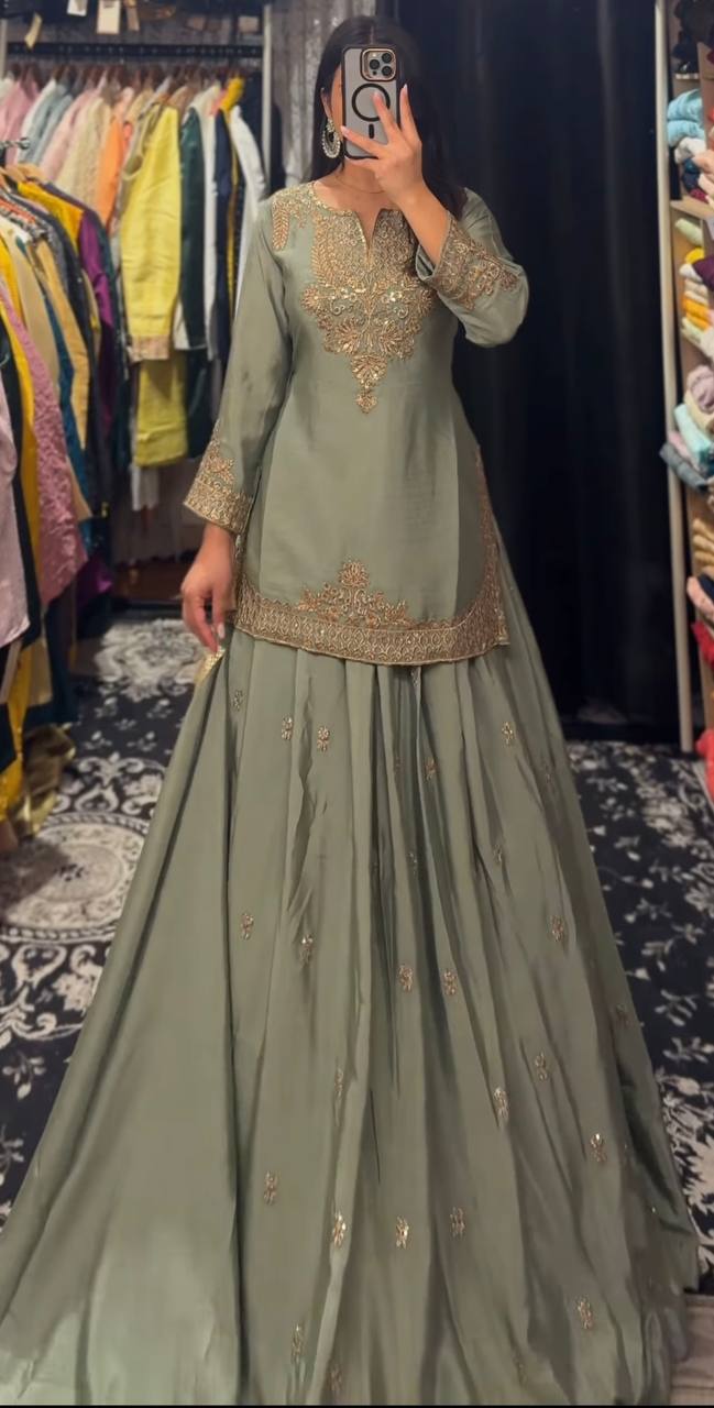 Festive Flame Green Ensemble with Antique Gold Embroidery Lehenga
