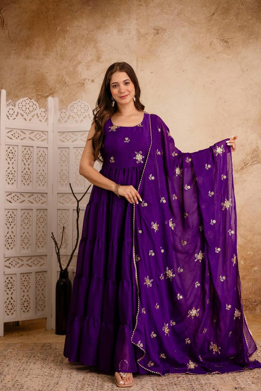 Zunaira Royal Bloom Deep Purple Tiered Anarkali Dress with Hand Embroidered Dupatta