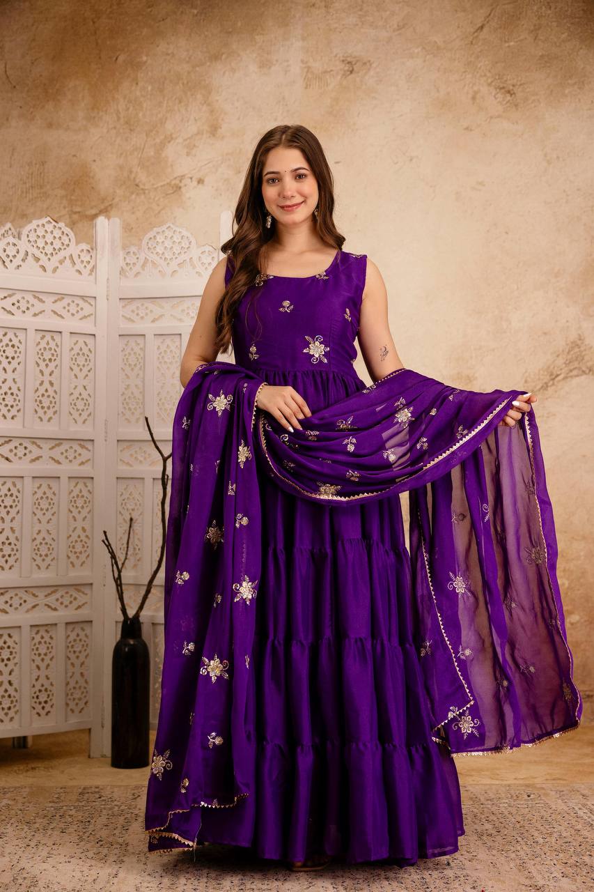 Zunaira Royal Bloom Deep Purple Tiered Anarkali Dress with Hand Embroidered Dupatta