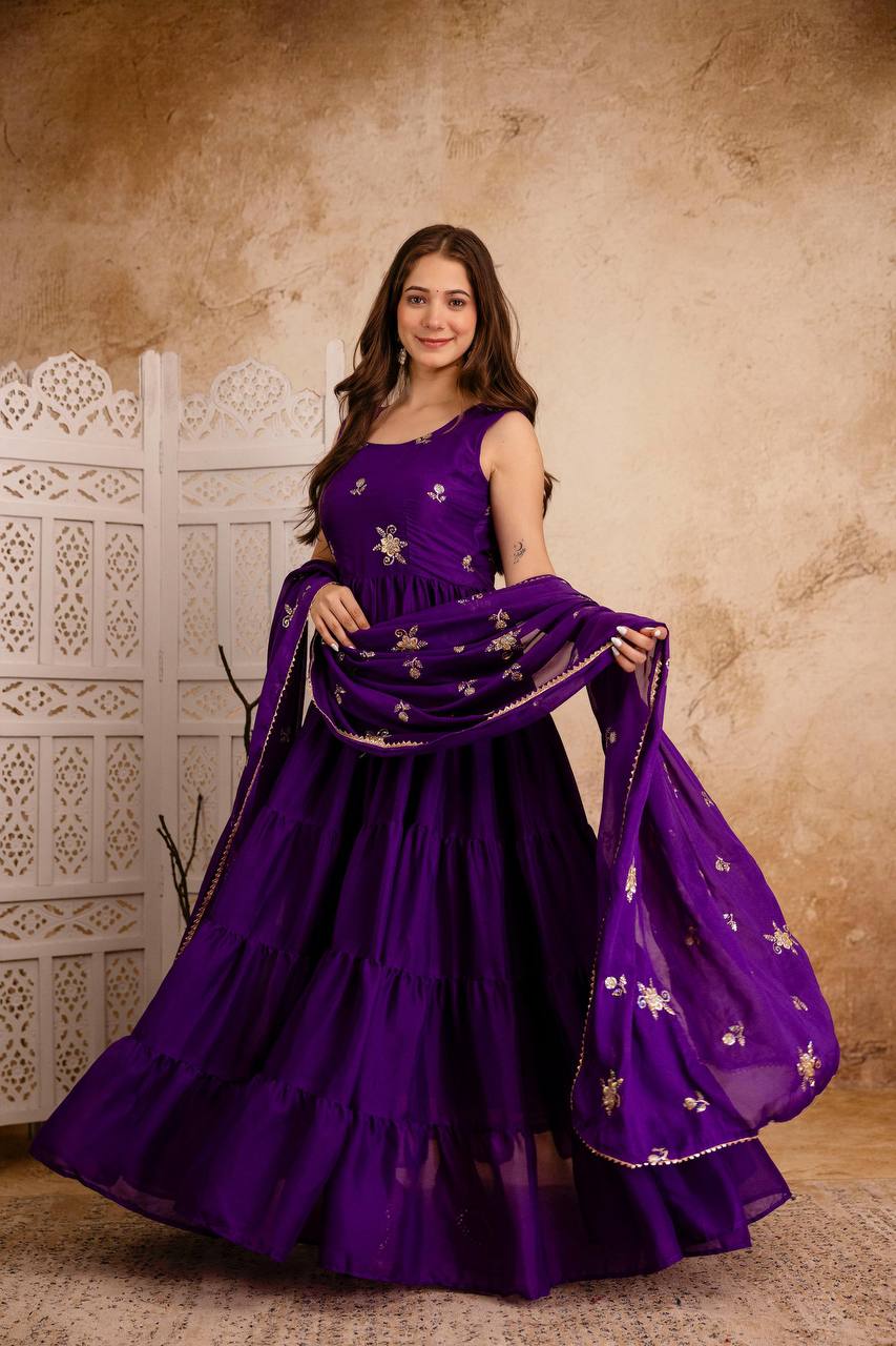 Zunaira Royal Bloom Deep Purple Tiered Anarkali Dress with Hand Embroidered Dupatta