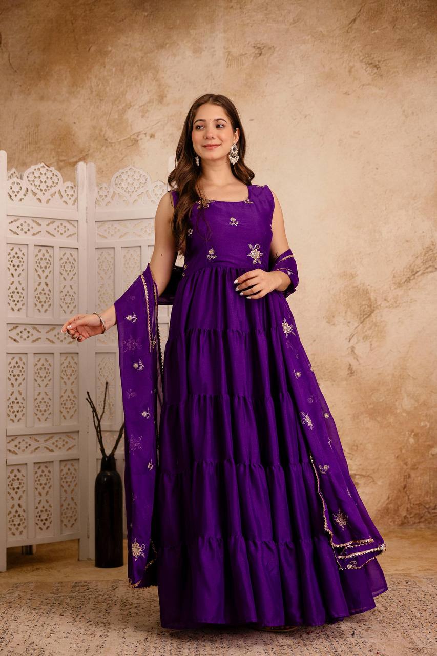 Zunaira Royal Bloom Deep Purple Tiered Anarkali Dress with Hand Embroidered Dupatta