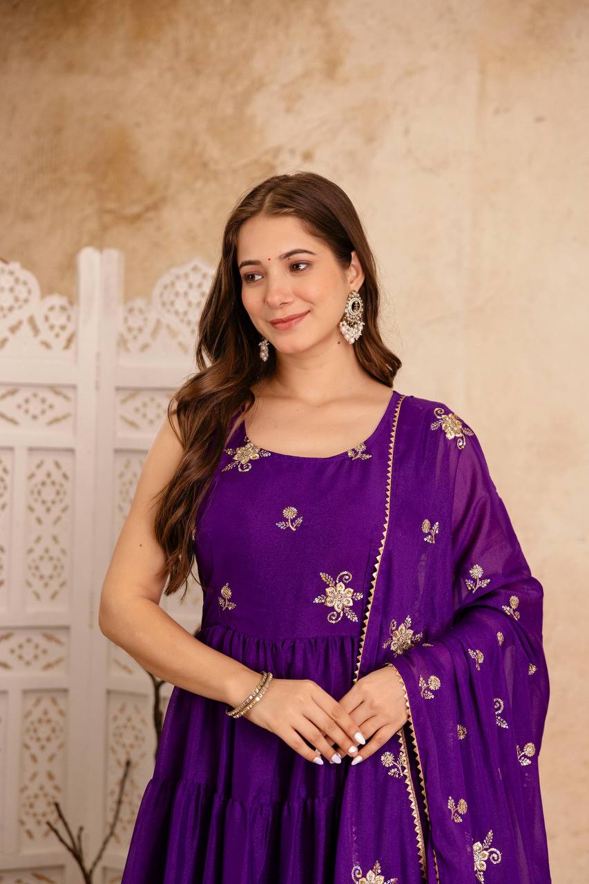 Zunaira Royal Bloom Deep Purple Tiered Anarkali Dress with Hand Embroidered Dupatta