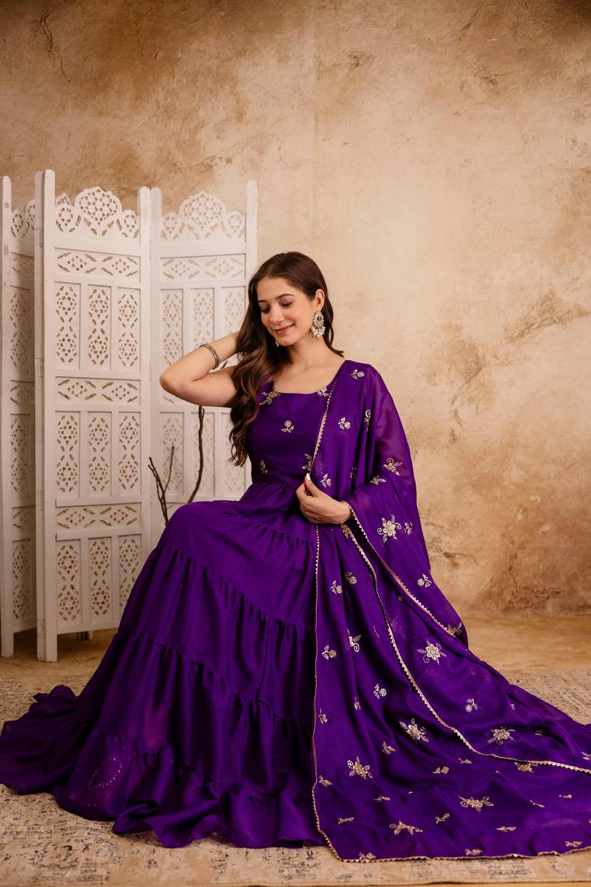 Zunaira Royal Bloom Deep Purple Tiered Anarkali Dress with Hand Embroidered Dupatta