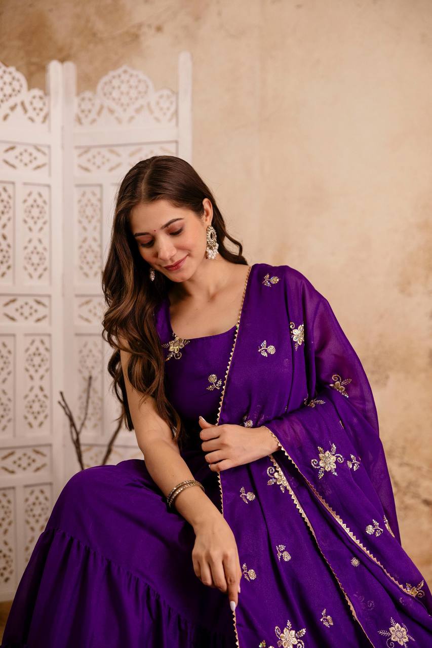 Zunaira Royal Bloom Deep Purple Tiered Anarkali Dress with Hand Embroidered Dupatta