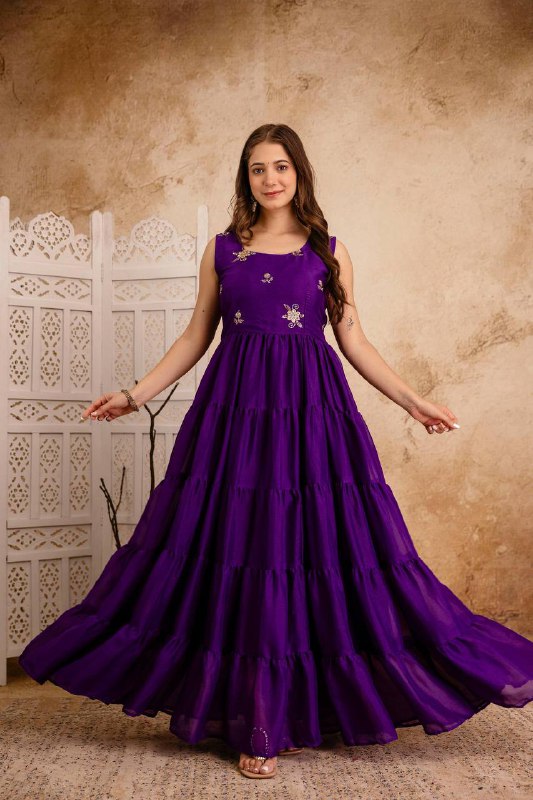 Zunaira Royal Bloom Deep Purple Tiered Anarkali Dress with Hand Embroidered Dupatta