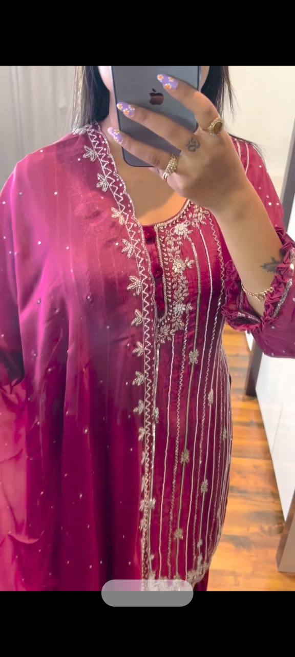 Pure Chinon Plazzo Set With Dupatta