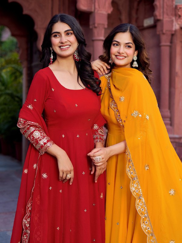 Twirl of Tradition Maroon Majesty and Mustard Glow Anarkali Gowns