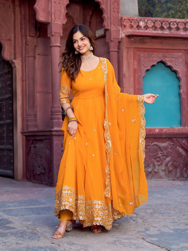 Twirl of Tradition Maroon Majesty and Mustard Glow Anarkali Gowns