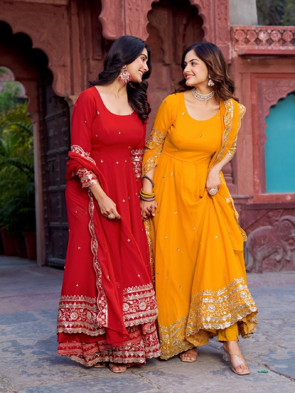 Twirl of Tradition Maroon Majesty and Mustard Glow Anarkali Gowns