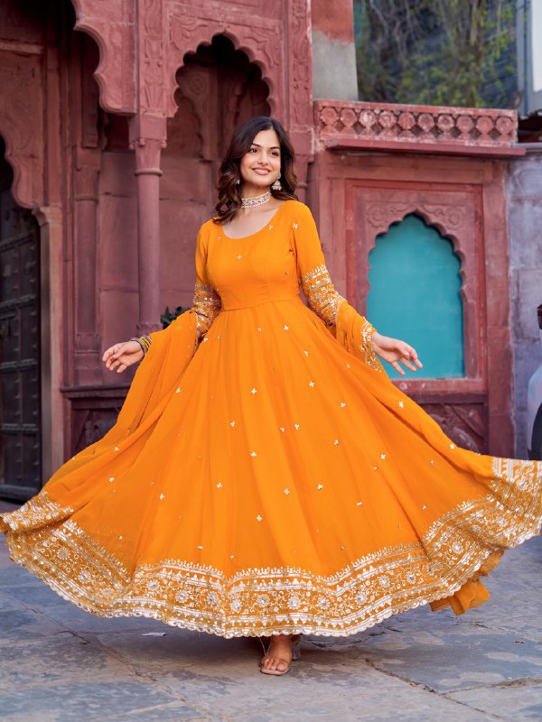 Twirl of Tradition Maroon Majesty and Mustard Glow Anarkali Gowns