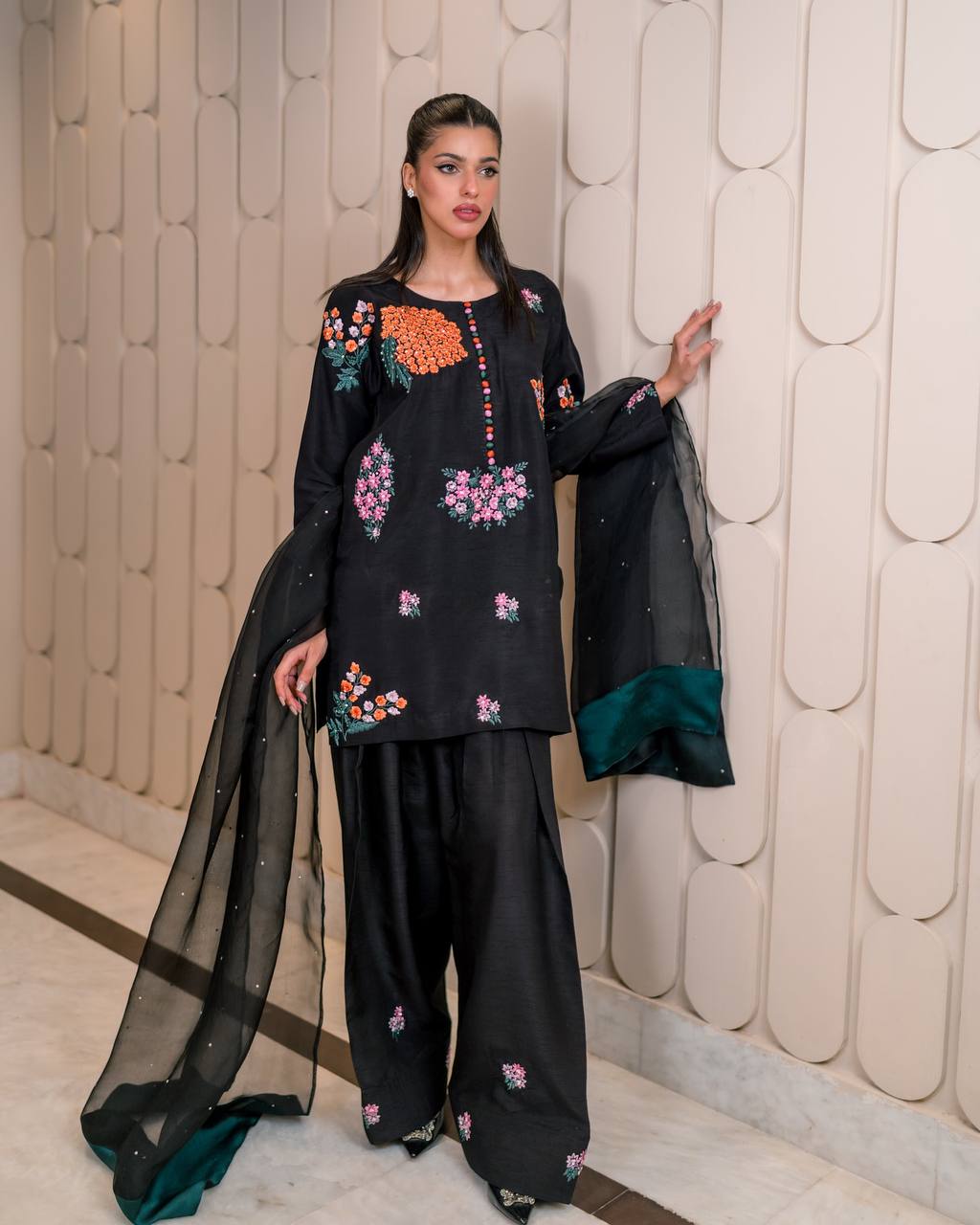Zehra Colorful Blossom Embroidery & Flowy Grace Designer Black Kurta Set