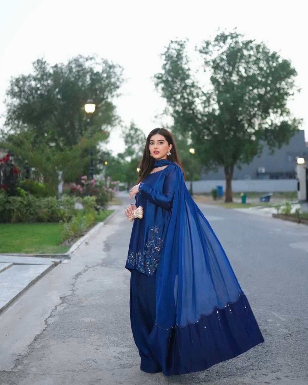 Rehmat Deep Blue Navy Embroidered Suit Set with Palazzo Charm