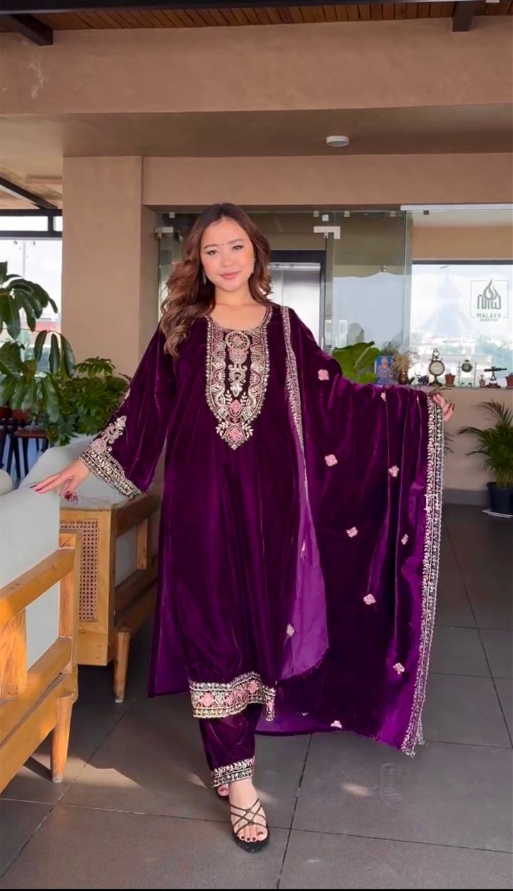 Purple Color Embroidered Pure Velvet Suit Set
