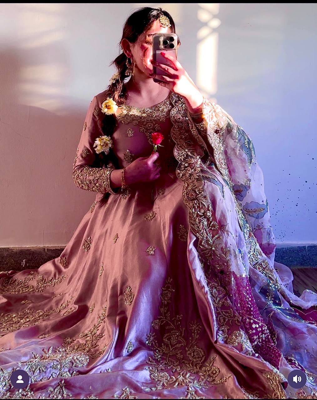 Blush Royale Handcrafted Rose Pink Golden Embroidery & Net Dupatta Anarkali