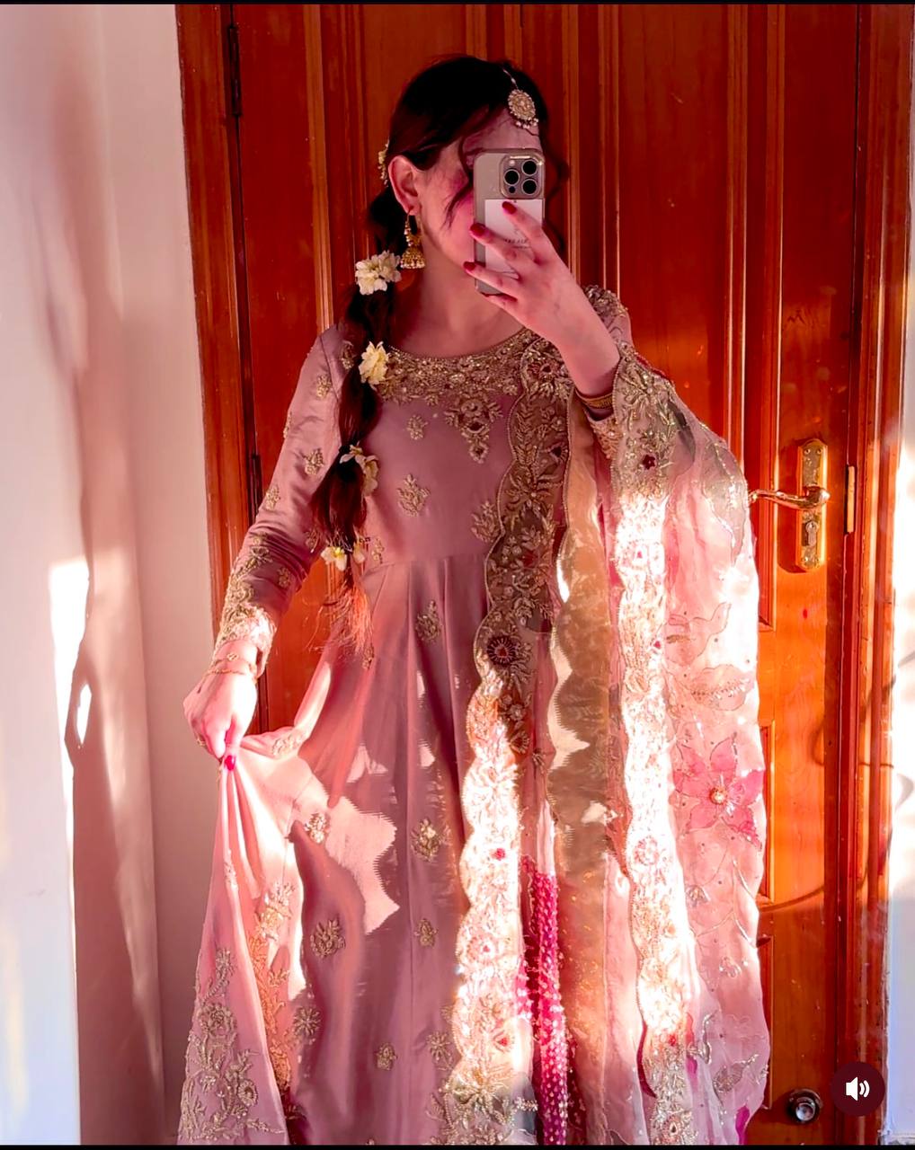 Blush Royale Handcrafted Rose Pink Golden Embroidery & Net Dupatta Anarkali