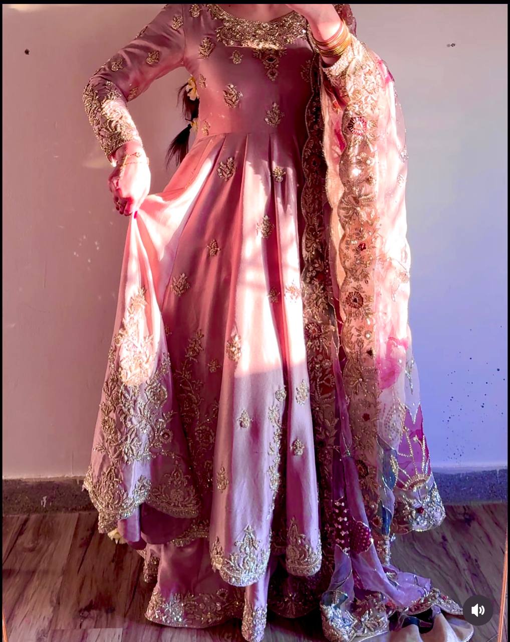 Blush Royale Handcrafted Rose Pink Golden Embroidery & Net Dupatta Anarkali