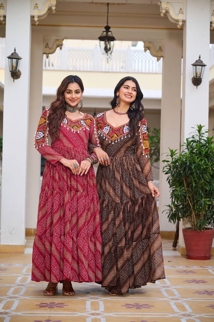 Bandhani Dreams and Mirror Gleams Gamathi Work Gown