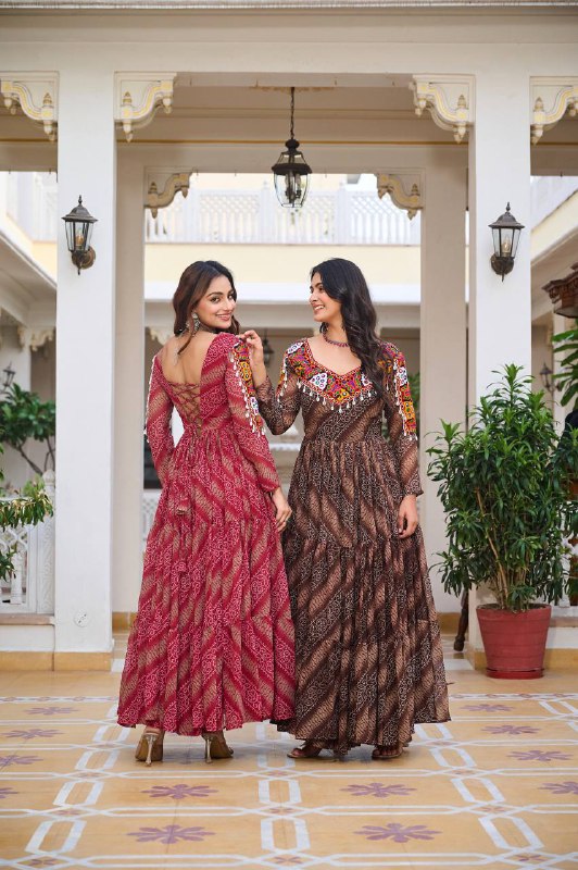 Bandhani Dreams and Mirror Gleams Gamathi Work Gown