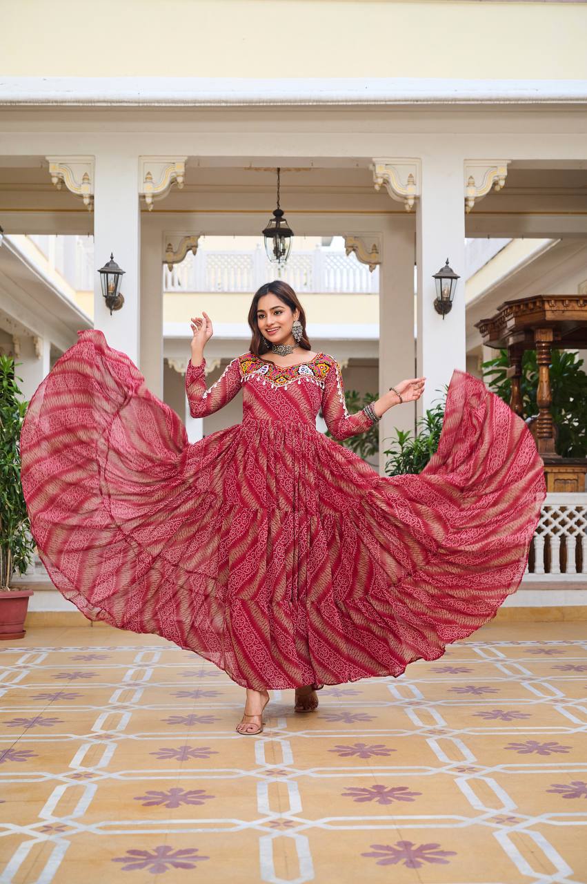 Bandhani Dreams and Mirror Gleams Gamathi Work Gown