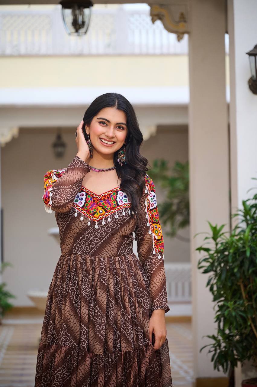 Bandhani Dreams and Mirror Gleams Gamathi Work Gown