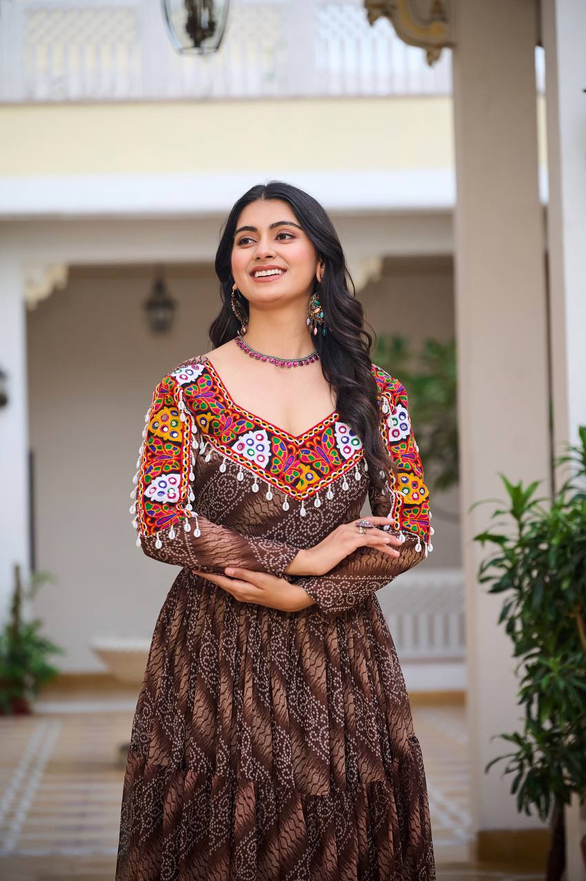 Bandhani Dreams and Mirror Gleams Gamathi Work Gown