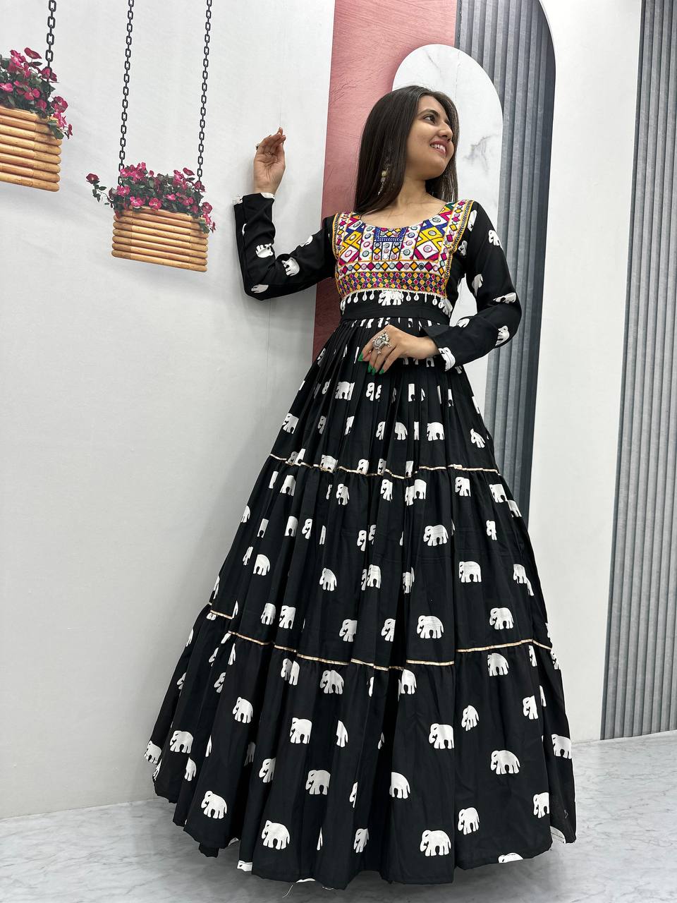 Black Ethnic Elephant Print Mirror Work Navratri Gown