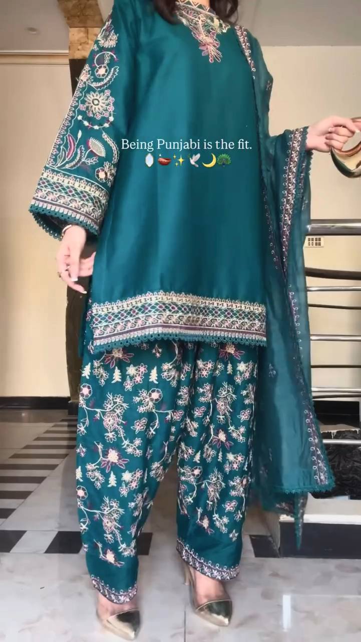 Simran Teal Punjabi Elegant Hand Embroidery Dhoti Set
