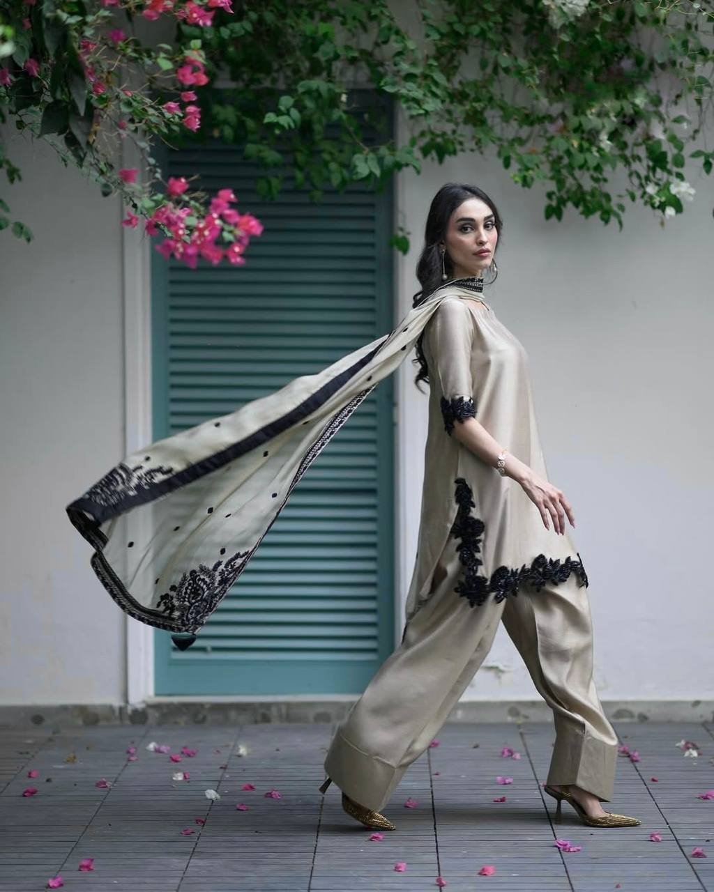 Designer Golden Sheen with Floral Embroidery Farshi Suit
