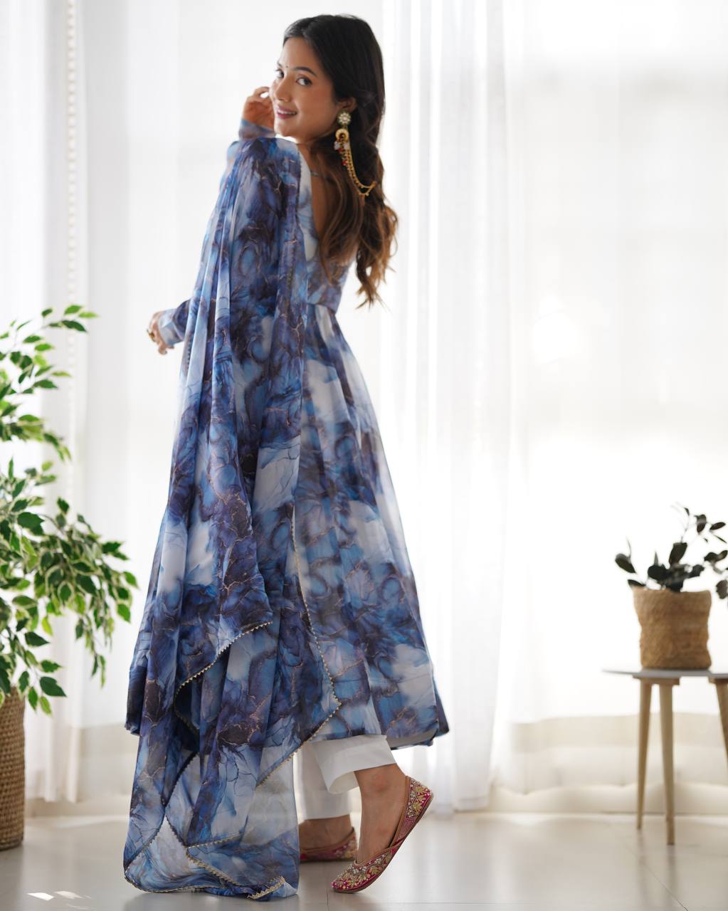 Ocean Mist Marble Print Serenity Anarkali Suit