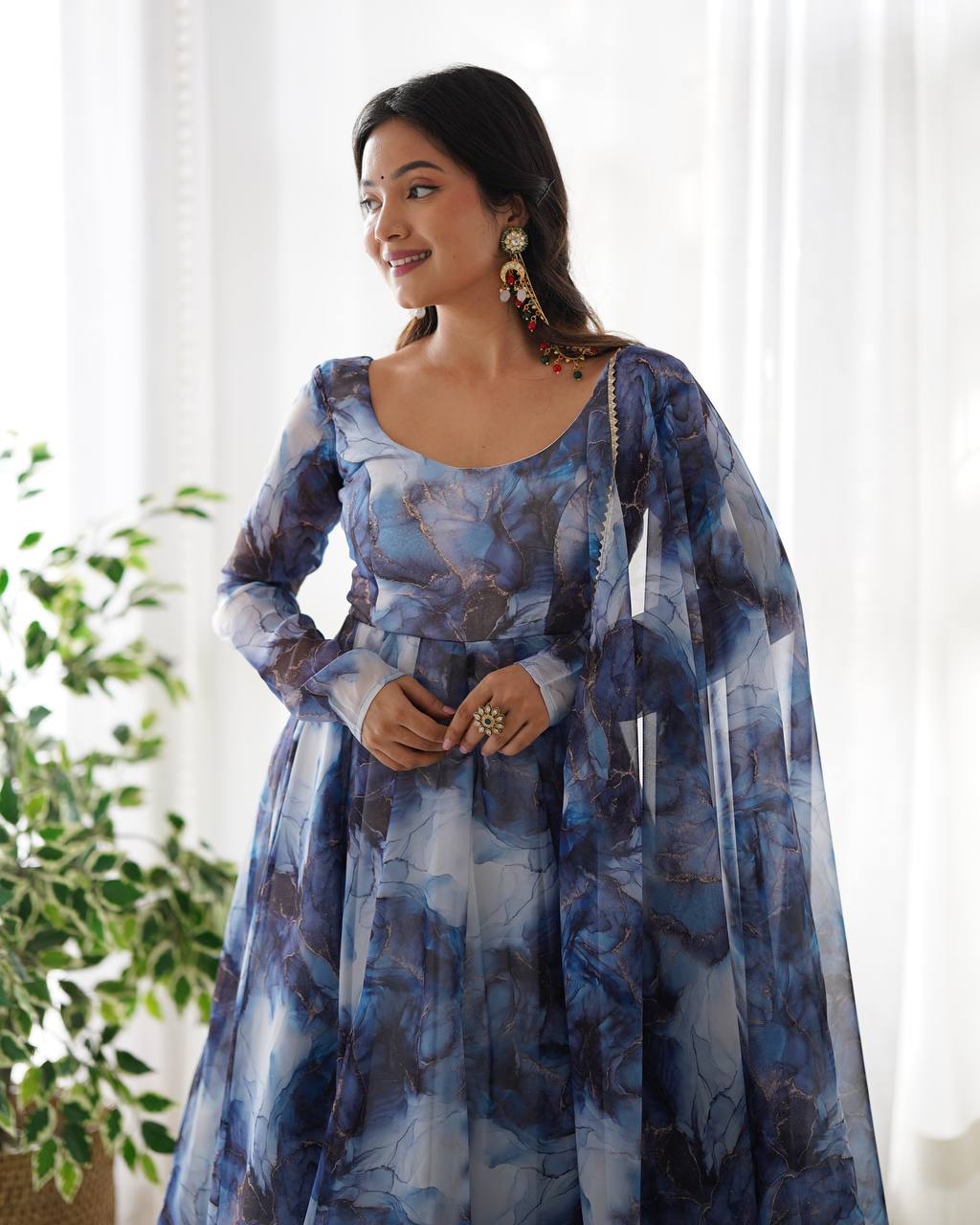Ocean Mist Marble Print Serenity Anarkali Suit