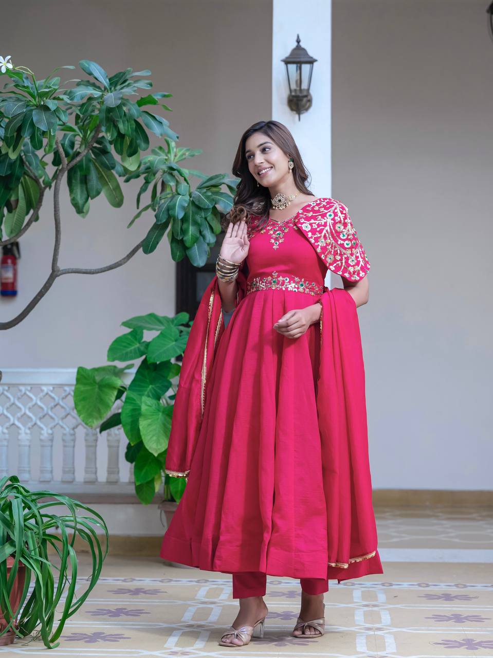 Regal Elegance in Red Color Anarkali Suit Set