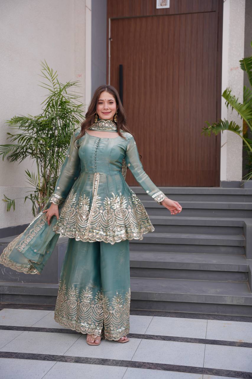 Tara Twilight Bloom Lustrous Green Sharara Gown
