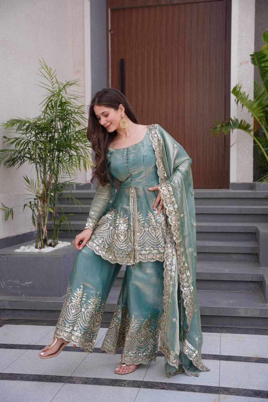 Tara Twilight Bloom Lustrous Green Sharara Gown