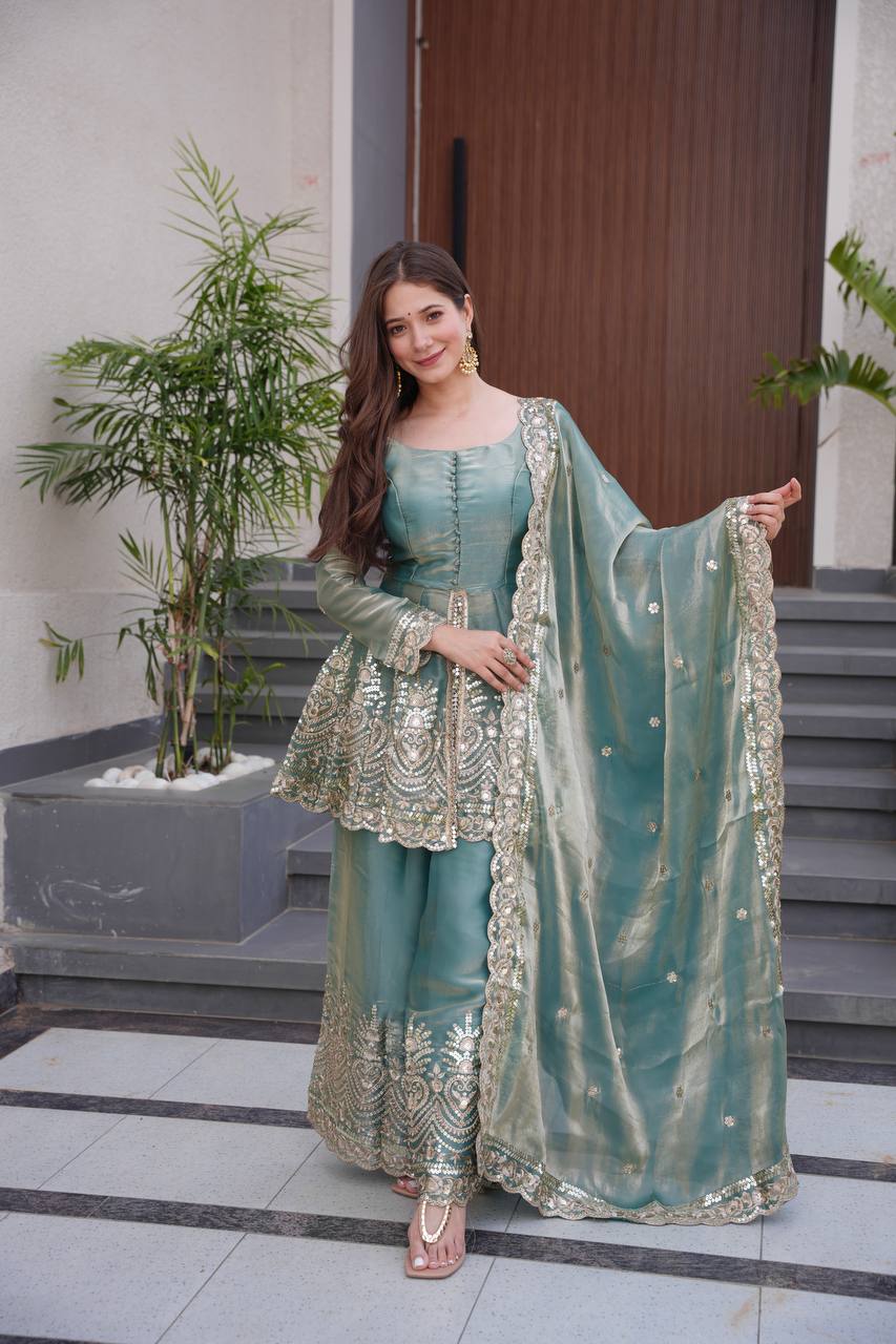 Tara Twilight Bloom Lustrous Green Sharara Gown
