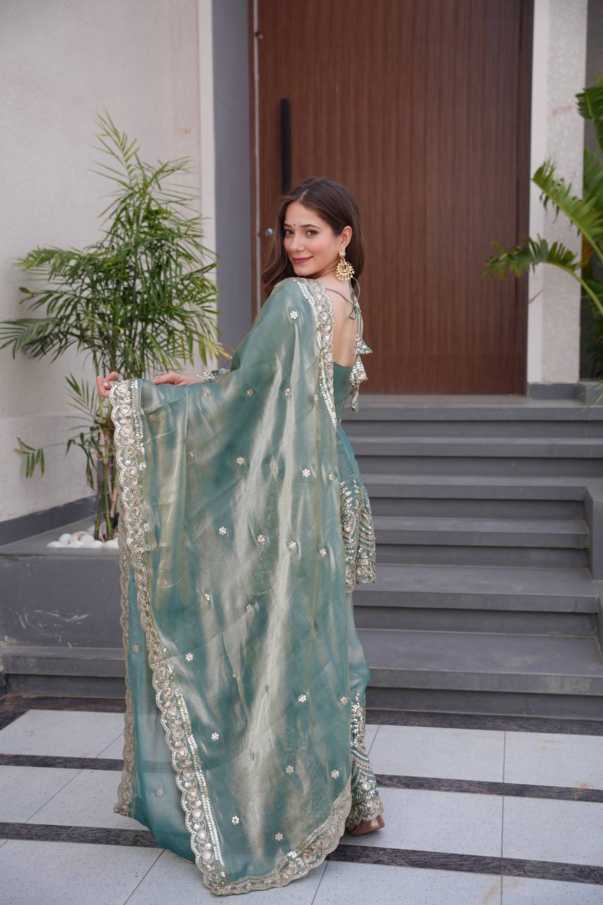 Tara Twilight Bloom Lustrous Green Sharara Gown