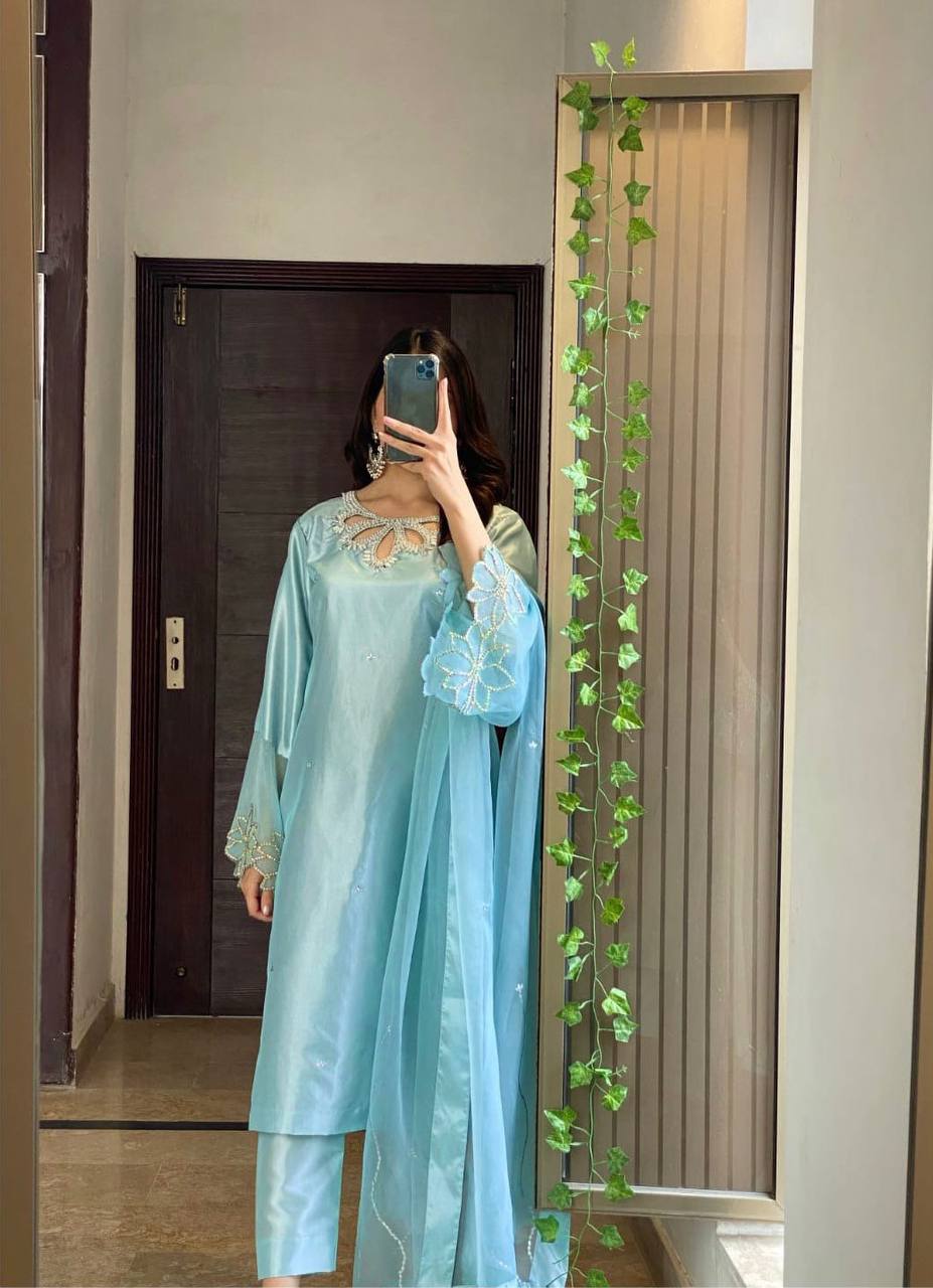 Rayaan A Mint Green Dream Beauty Designer Wear Beads Work Kurti Pant Set