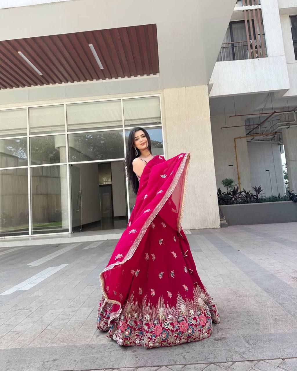 Sunshine Mustard & Ruby Red Floral Embroidered Lehenga Choli Set