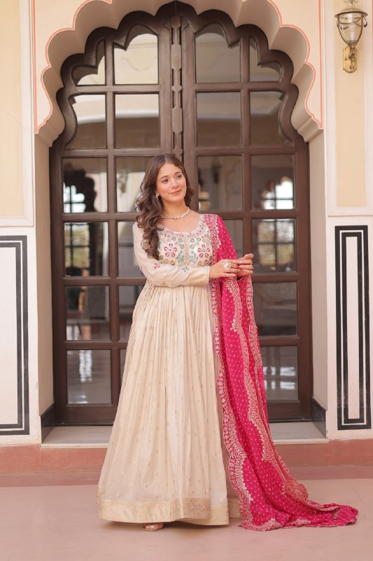 Navrang Elegance Cosmos Jequard With Bandhani Printed Embroidered Cut work Gown