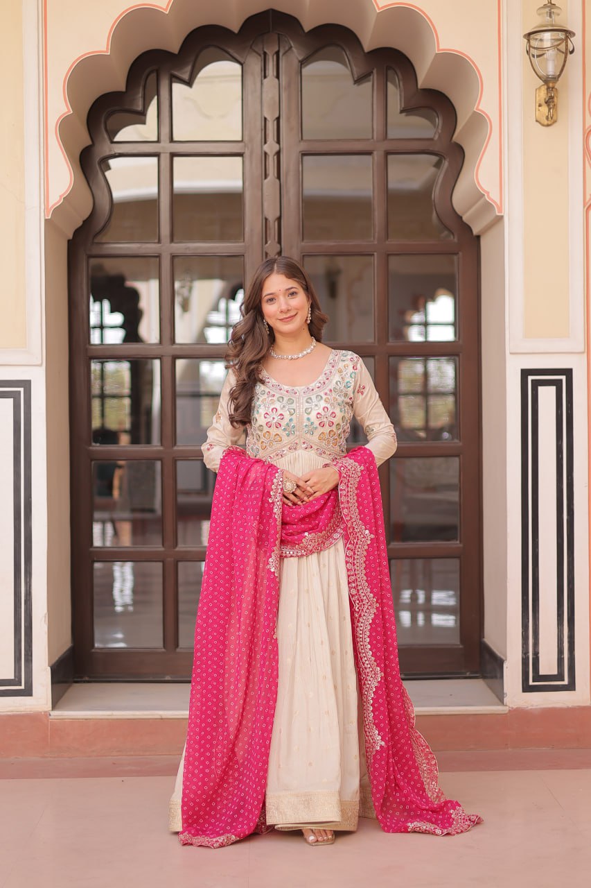 Navrang Elegance Cosmos Jequard With Bandhani Printed Embroidered Cut work Gown