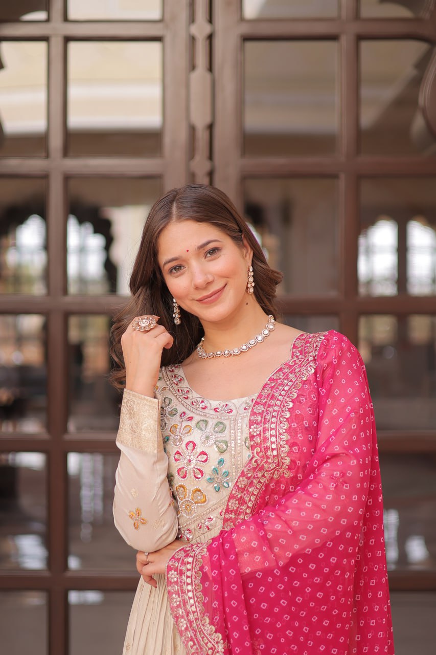 Navrang Elegance Cosmos Jequard With Bandhani Printed Embroidered Cut work Gown