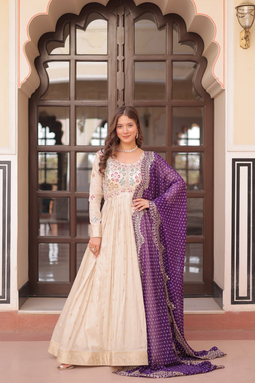 Navrang Elegance Cosmos Jequard With Bandhani Printed Embroidered Cut work Gown