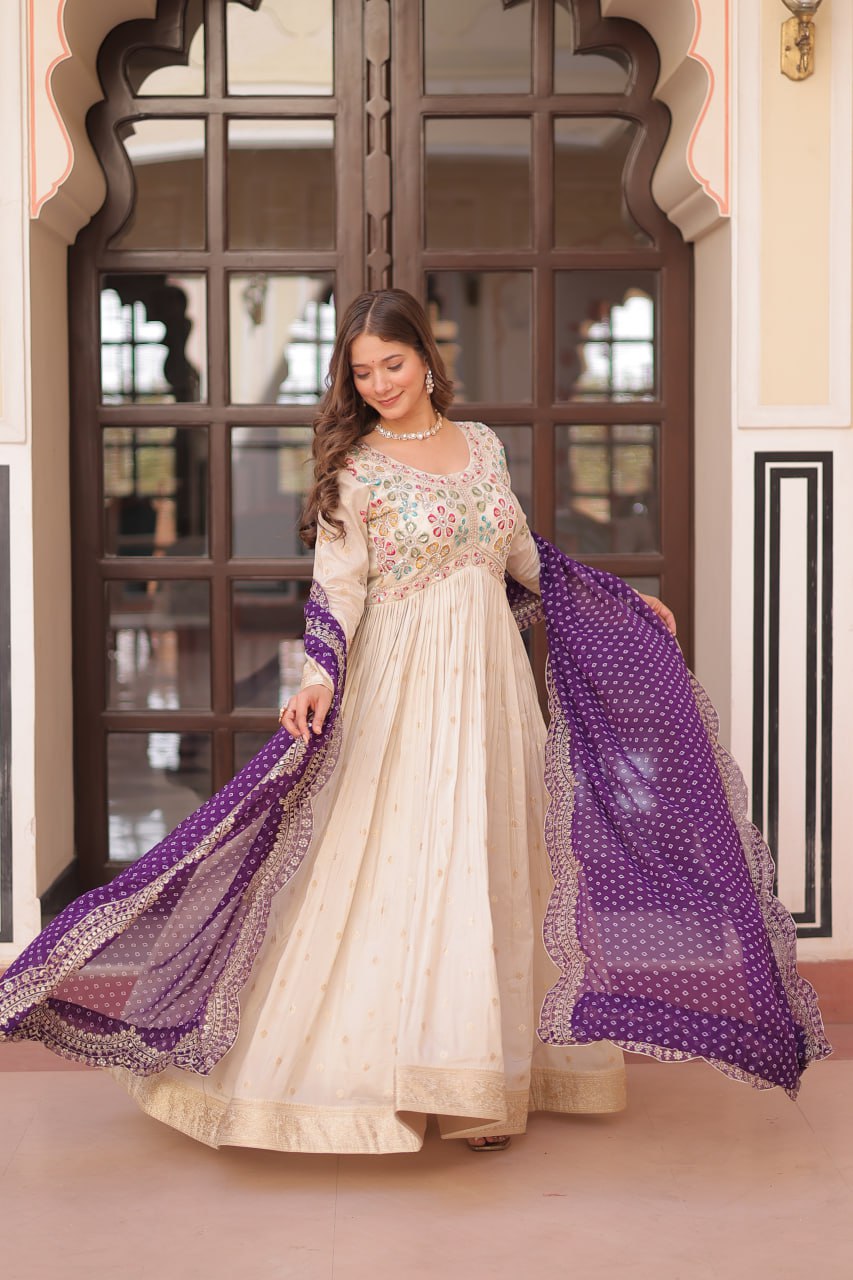 Navrang Elegance Cosmos Jequard With Bandhani Printed Embroidered Cut work Gown
