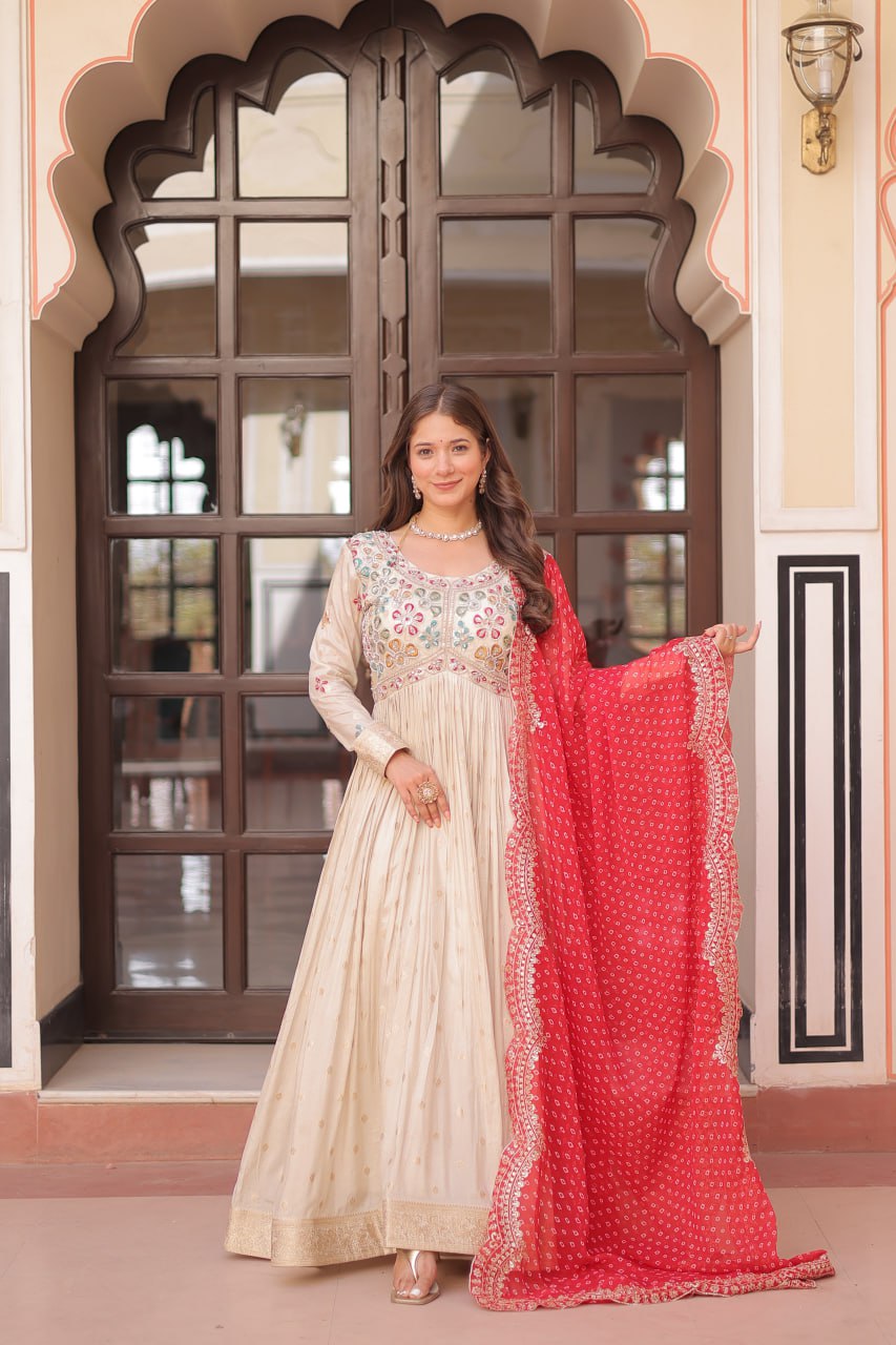 Navrang Elegance Cosmos Jequard With Bandhani Printed Embroidered Cut work Gown