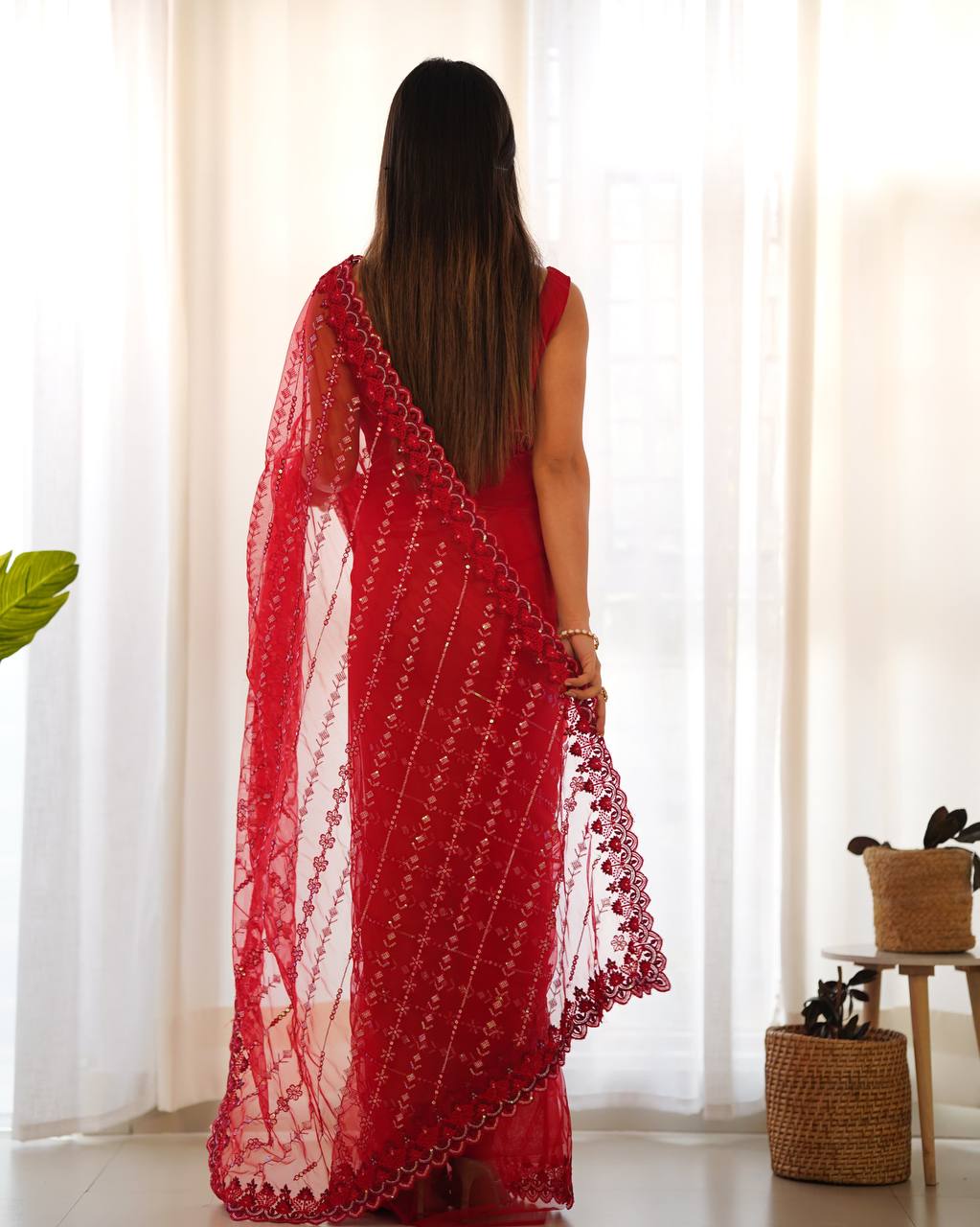 Radiant Bloom Timeless Red Net Saree